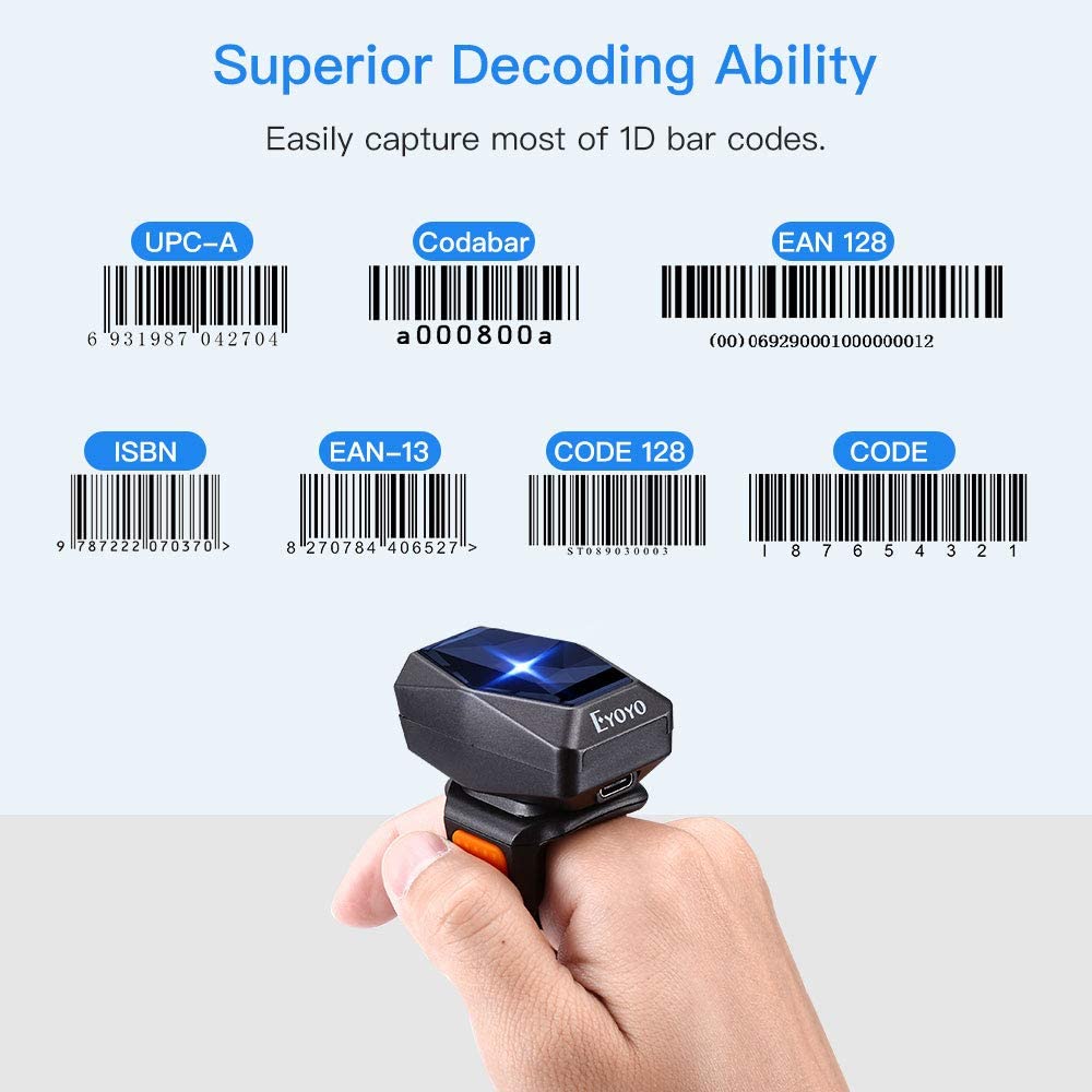 Eyoyo 1D Bluetooth Wearable Ring Barcode Scanner, Portable Mini Finger