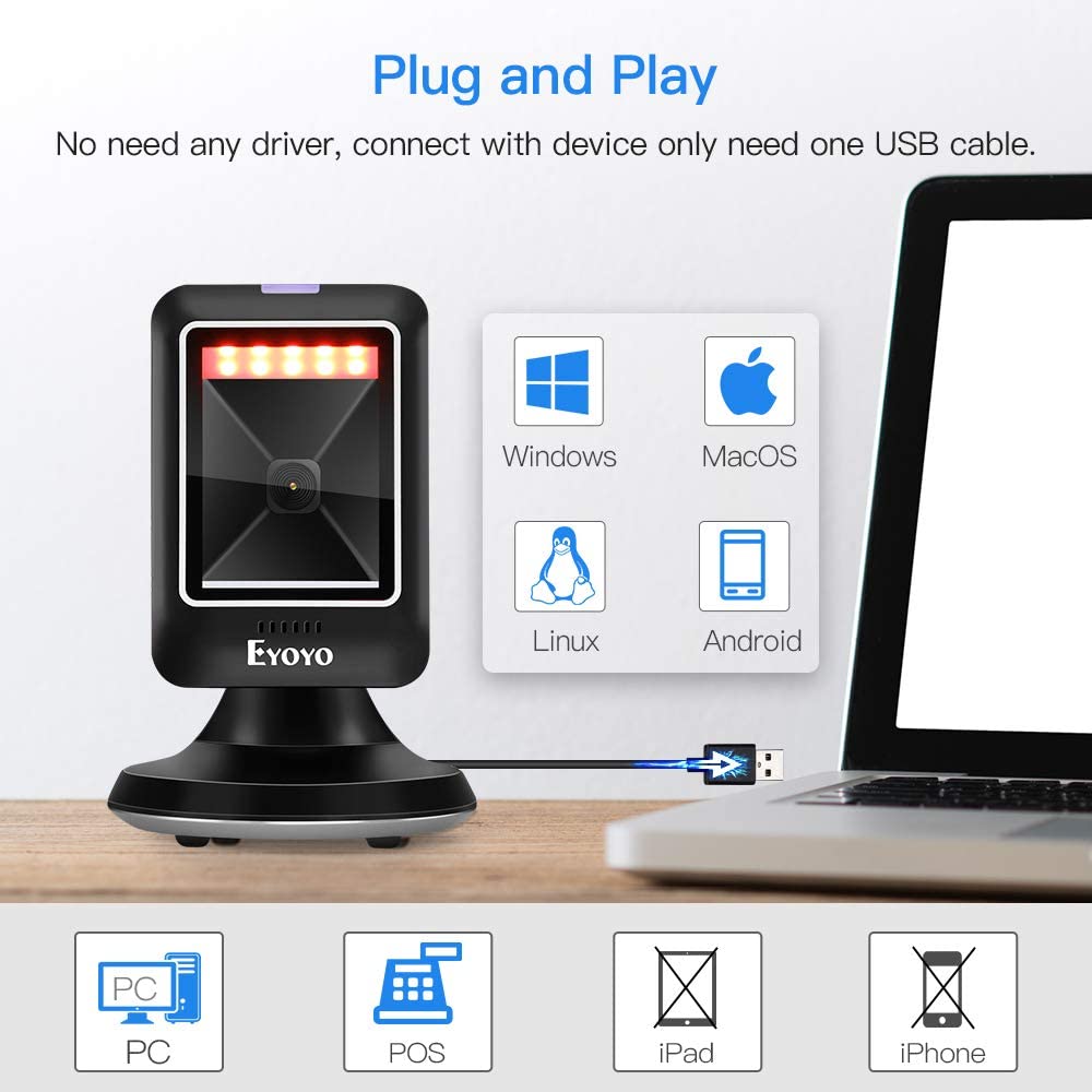 Eyoyo 2D 1D Desktop Barcode Scanner, Platform Scanner with Automatic
